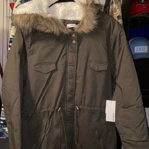 Olive JustFab puffer jacket with faux fur hoodie